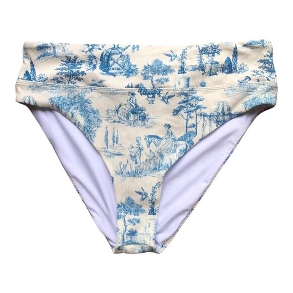 Gianni Bini NWT Ivory And Blue Historical Print High Waist Bikini Bottoms XL - Picture 3 of 12